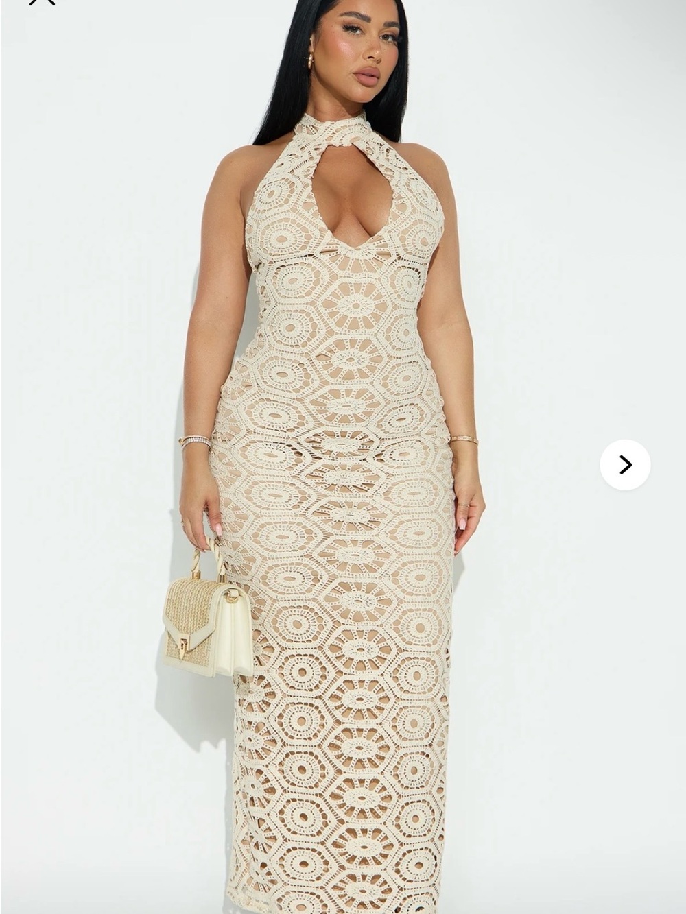 Fashion Nova Cream Crochet Halter Maxi Dress
